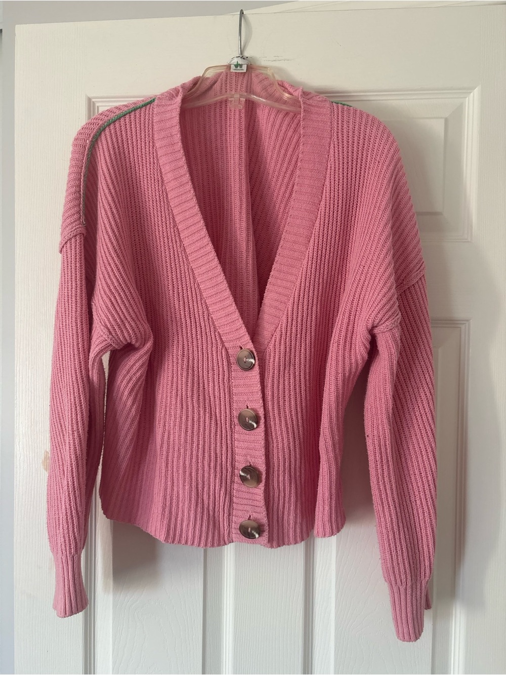 Pink Ribbed V-Neck Button-Front Sweater Cardigan